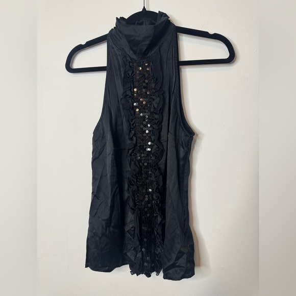 Bebe Black Silk Short Sleeve Top Medium Pinup Sexy Retro Y2K Sequin Blouse Shirt - Picture 1 of 9